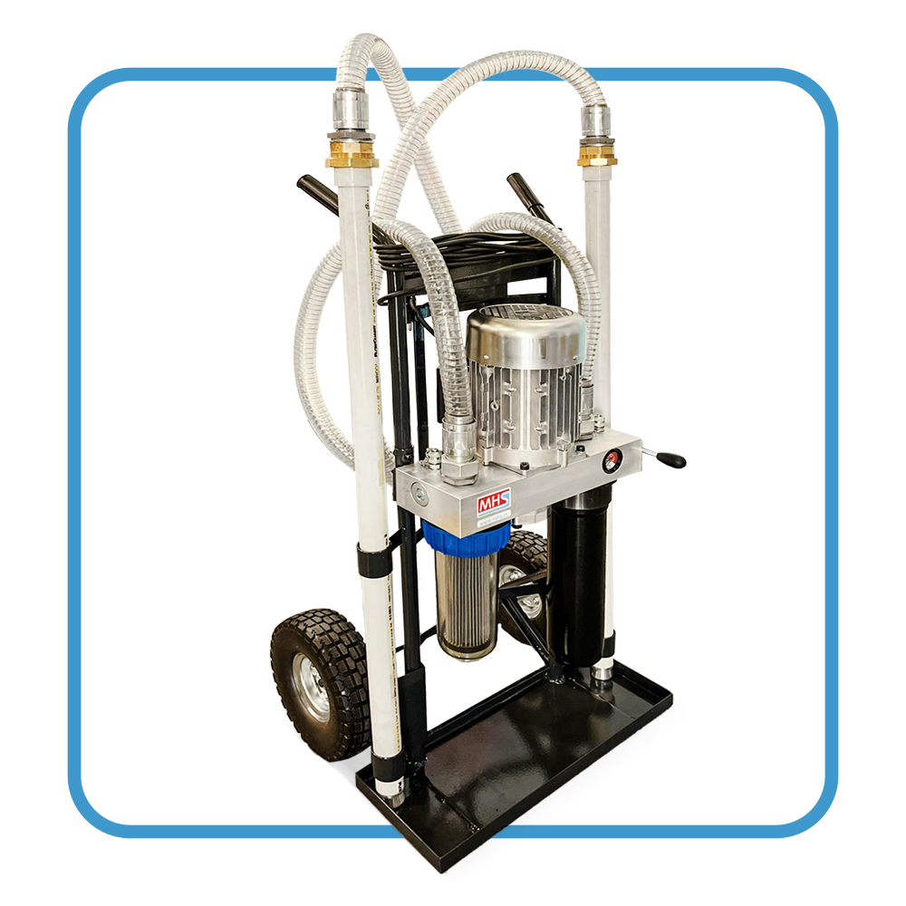 Uređaj za filtriranje i pretakanje ulja sa dva točka za neravne terene. Za velike viskoznosti ulja do 1000 cSt.